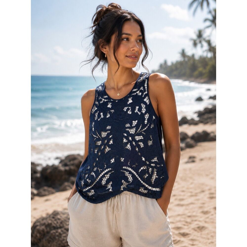 Anthropologie Akemi + Kin Filigree Lace Tank Top M Navy Blue Hi Low